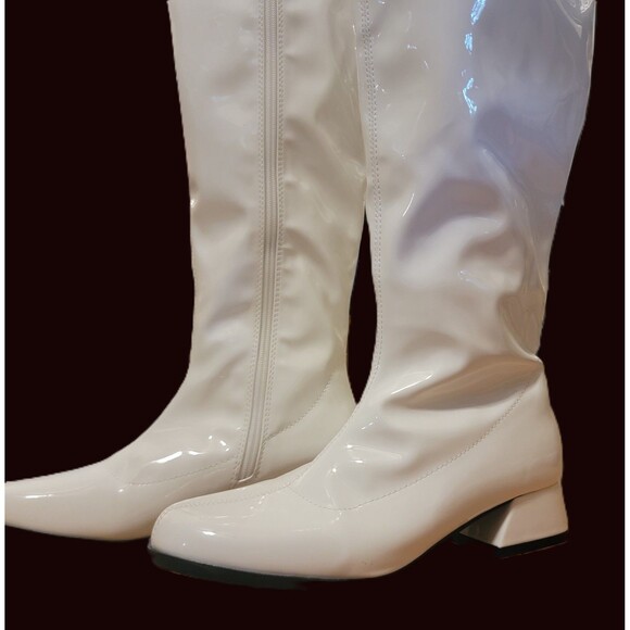 Mod White Patent Go-Go Boots w short block Heel side zip Retro Fereshte 8.5 EU39 - Picture 1 of 16